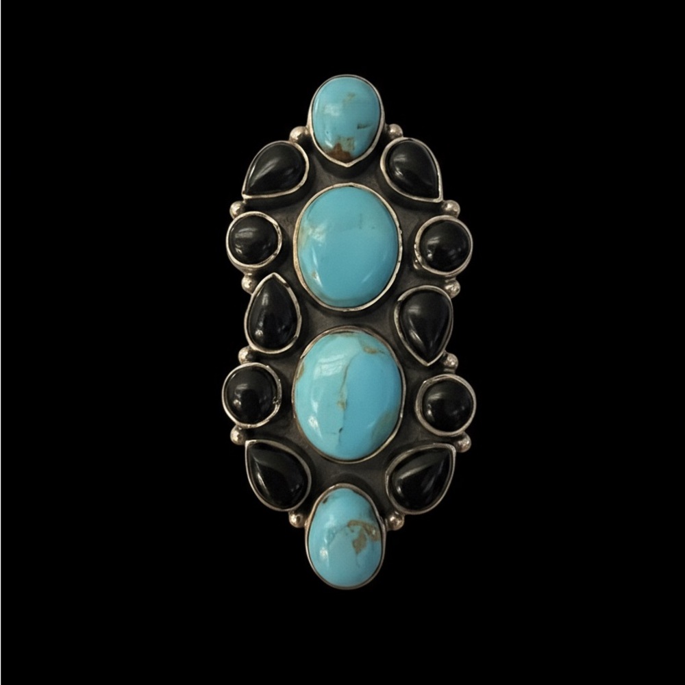 Elegant Turquoise and Black onyx Stone Ring set in Sterling silver